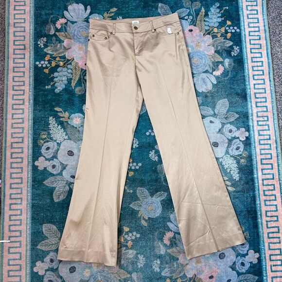 Cache Gold Dress Pants Womens 10 Beige Flare Leg Stretch Cotton Trouser Shiny - Picture 14 of 15